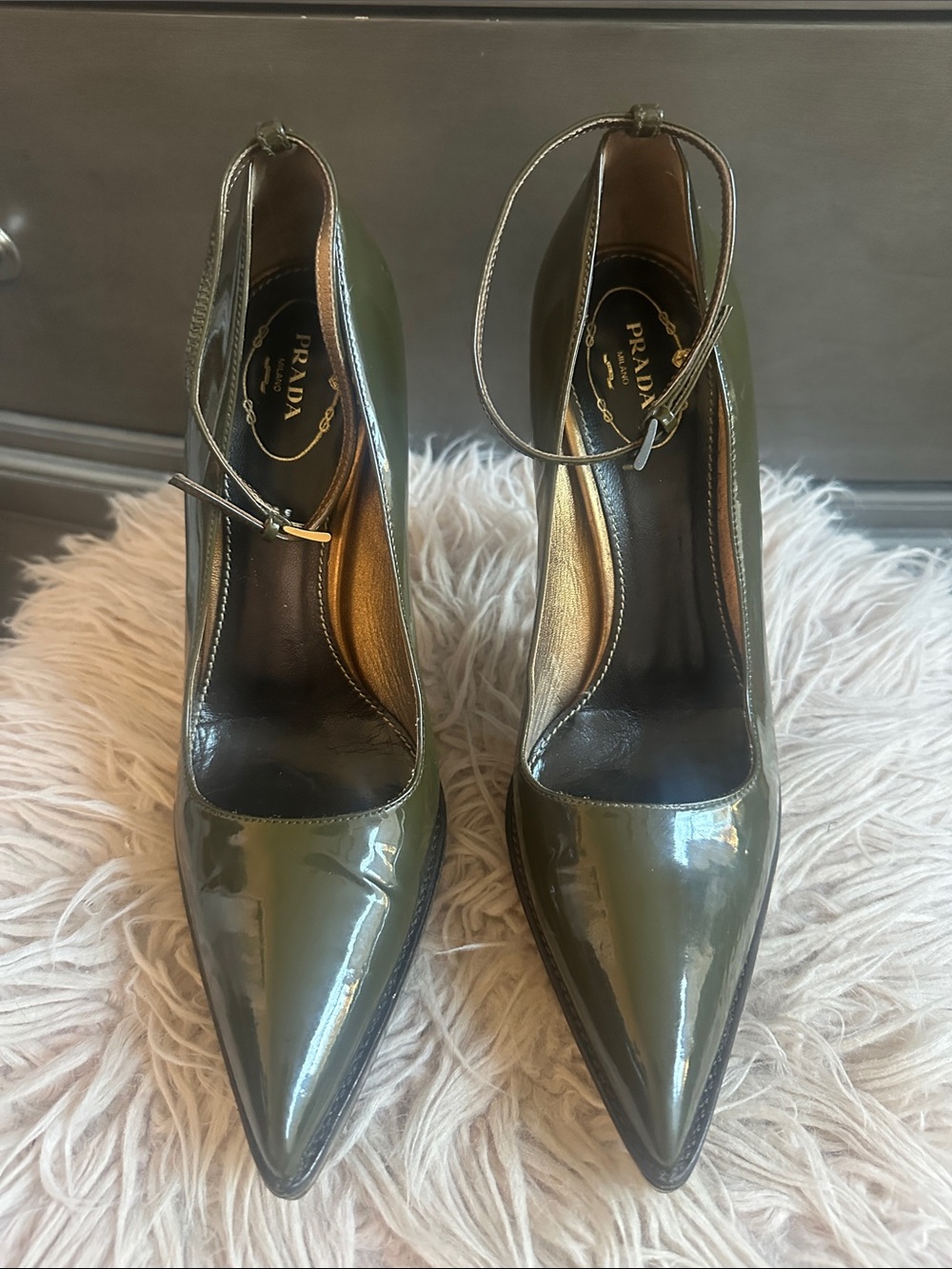 Prada Olive Patent Leather Pointed Slingback Heels with Ankle Strap